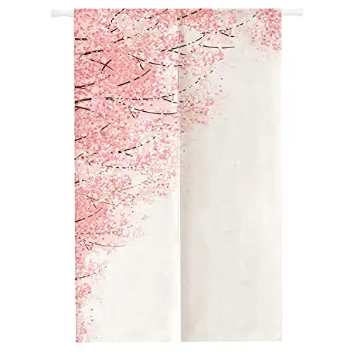 SPANKER SPACE Japanese Noren Artistic Pink Sakura Flower Asian Drape Split Doorway Curtain, Closet Hallway Window Panel Privacy Partition Room Divider Home Kitchen Décor, 34″x60″