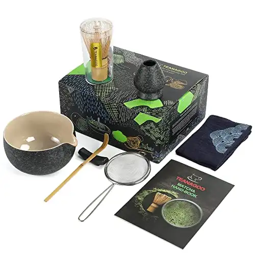 Japanese Tea Ceremony Set - Matcha Bowl, Bamboo Whisk, Scoop, Holder, and Matcha Green Tea Powder - Charcoal Grey, 7 Pieces